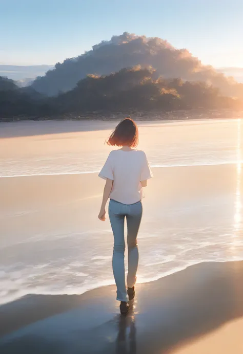 beautiful woman,white shirt,Jeans,Summer walk ,Townscape,4K High Resolution,Professional,HDR,top quality,Extremely Detailed Description,delicate details,Atmospheric scenery,Natural,fashion hidden in the sand