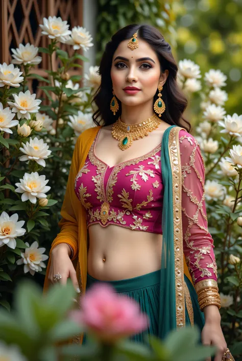 A beautiful Indian woman seated gracefully in an outdoor floral setting, wearing a traditional lehenga-choli ensemble with a richly embroidered magenta blouse, deep green skirt, and mustard-yellow dupatta draped across her shoulder. Her look is enhanced wi...