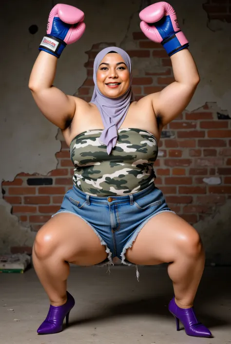 Chubbyfront view, hijab-wearing mother. (Wearings camouflage print top strapless ). BOTH HANDS RAISED STRAIGHT UP WEARING PINK BOXING GLOVES, hairy hairy Arm pit, too much very short corduroy denim micro-shorts unbuttone KELIHATAN Sedikit bulu pussy diatas...