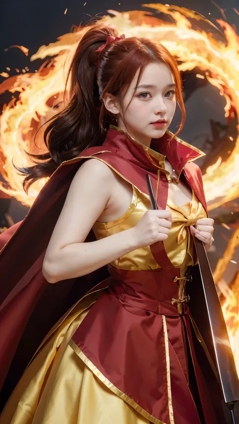 (masterpiece, best quality, expressive eyes, perfect face), (anime), 1girl, (symbol eyes, fire eyes), holding a bow made out of fire, red hair, ponytail, yellow eyes, red cloak, red musketeerdress, golden pauldrons, 