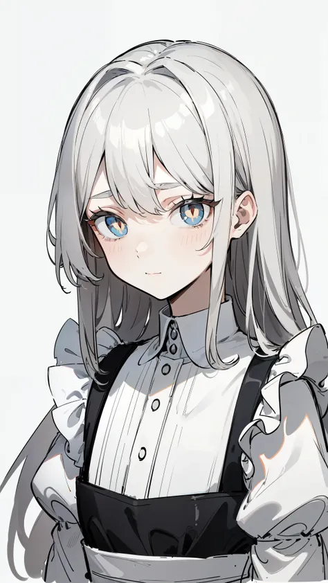 ( masterpiece, top quality, Ultra Fine, Long grey hair, sketch:1.1), ((Portrait)), 1 , Alone, younger than Quan, straight hair, Straight Bangs, ((light gray eyes, white pupils )), ( blank , Sagging under eyes:1.2), ( colored lashes, white eyelashes :1....