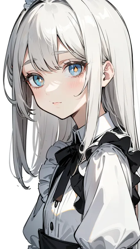 ( masterpiece, top quality, Ultra Fine, Long grey hair, sketch:1.1), ((Portrait)), 1 , Alone, younger than Quan, straight hair, Straight Bangs, ((light gray eyes, white pupils )), ( blank , Sagging under eyes:1.2), ( colored lashes, white eyelashes :1....