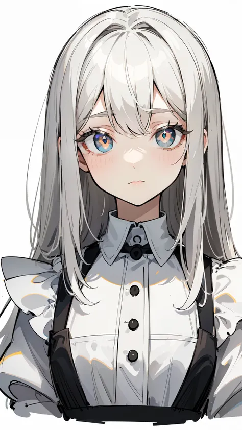 ( masterpiece, top quality, Ultra Fine, Long grey hair, sketch:1.1), ((Portrait)), 1 , Alone, younger than Quan, straight hair, Straight Bangs, ((light gray eyes, white pupils )), ( blank , Sagging under eyes:1.2), ( colored lashes, white eyelashes :1....