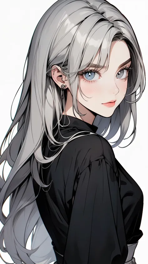 ( masterpiece, top quality, Ultra Fine, Long grey hair, sketch:1.1), ((Portrait)), 1 , Alone, younger than Quan, straight hair, Straight Bangs, ((light gray eyes, white pupils )), ( blank , Sagging under eyes:1.2), ( colored lashes, white eyelashes :1....