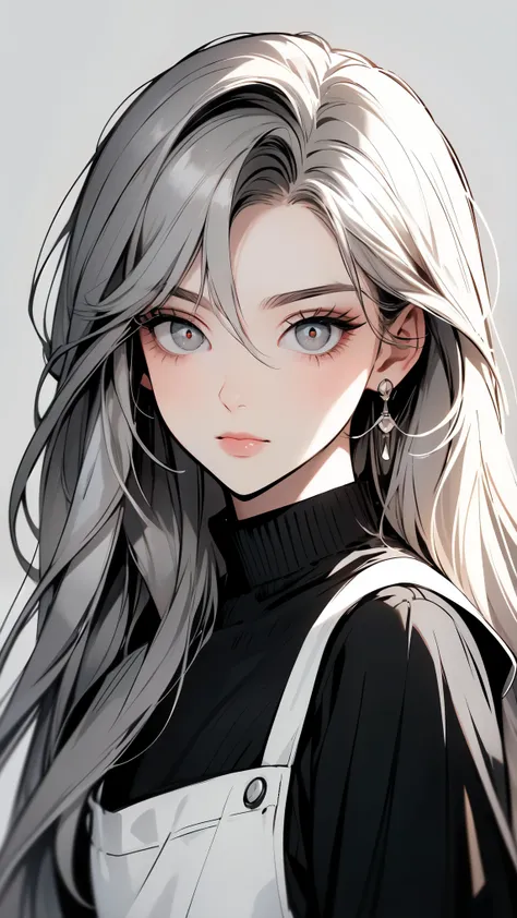 ( masterpiece, top quality, Ultra Fine, Long grey hair, sketch:1.1), ((Portrait)), 1 , Alone, younger than Quan, straight hair, Straight Bangs, ((light gray eyes, white pupils )), ( blank , Sagging under eyes:1.2), ( colored lashes, white eyelashes :1....