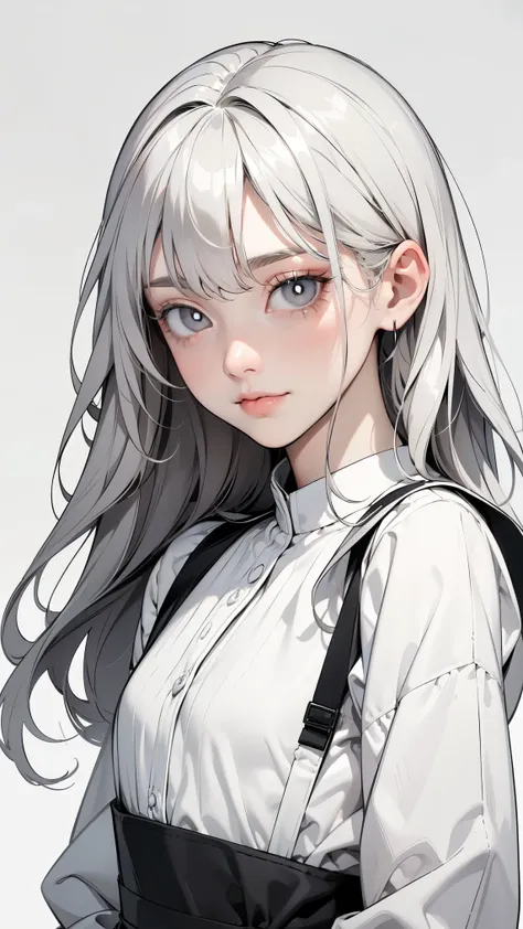 ( masterpiece, top quality, Ultra Fine, Long grey hair, sketch:1.1), ((Portrait)), 1 , Alone, younger than Quan, straight hair, Straight Bangs, ((light gray eyes, white pupils )), ( blank , Sagging under eyes:1.2), ( colored lashes, white eyelashes :1....