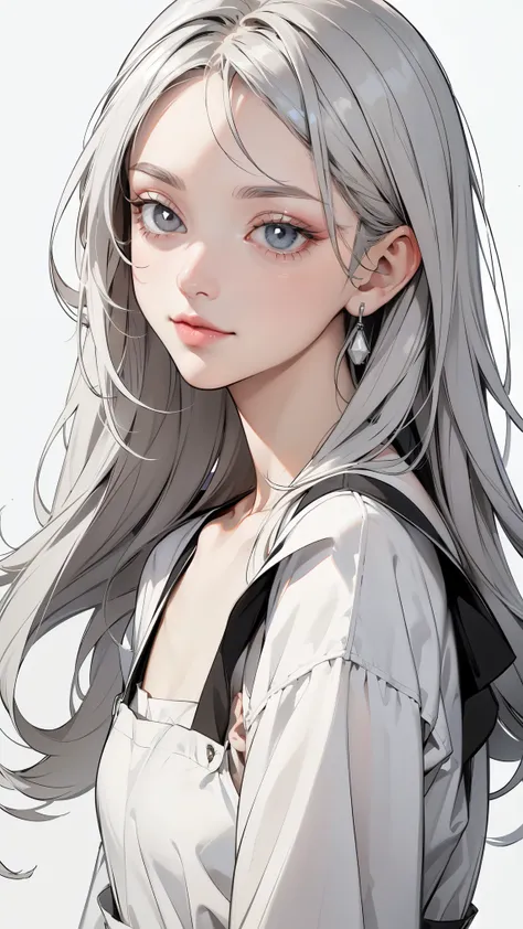 ( masterpiece, top quality, Ultra Fine, Long grey hair, sketch:1.1), ((Portrait)), 1 , Alone, younger than Quan, straight hair, Straight Bangs, ((light gray eyes, white pupils )), ( blank , Sagging under eyes:1.2), ( colored lashes, white eyelashes :1....