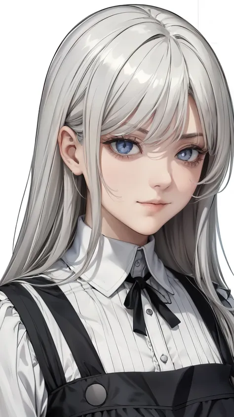 ( masterpiece, top quality, Ultra Fine, Long grey hair, sketch:1.1), ((Portrait)), 1 , Alone, younger than Quan, straight hair, Straight Bangs, ((light gray eyes, white pupils )), ( blank , Sagging under eyes:1.2), ( colored lashes, white eyelashes :1....