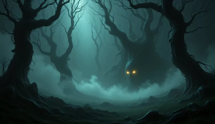 Creepy forest at night, foggy and mysterious, dark fantasy style, twisted trees, glowing eyes.