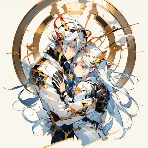 snowy,anime couple hugging and kissingAngelic glowing fondo snowy,anime couple hugging and kissing , snowy,anime couple hugging and kissing , e snowy,anime couple hugging and kissing white and platinum in a formal outfit,Red Eyes, cabello largo color plat...