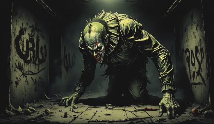 Sinister clown in a dark alley, horror comic style, exaggerated features, menacing grin.