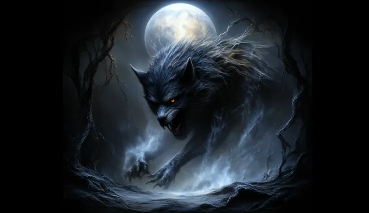 Werewolf transformation under a full moon, dark fantasy style, intense expression, dynamic pose.