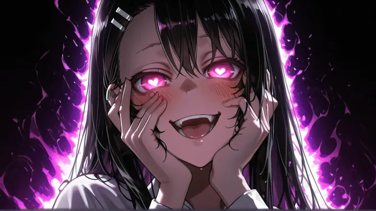 yandere trance, yandere, hands on own cheeks, hands on own face, crazy eyes, crazy smile, crazy, heart-shaped pupils, glowing eyes, symbol-shaped pupils, hand on own face, open mouth, glowing, blush, looking at viewer,,((glowing eyes)),eyesHD ,high gradien...