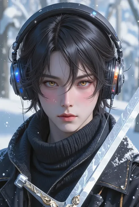 commercial Product、Hi-Tech Headphones, Sci Fi Future Headphones, (Top Quality, 8K, Masterpiece: 1.3)), Sharp Focus: 1.2, (Young male, handsome, One Bangs Cover Right Eyes, Tied-Back hair, Medium hair, jfcut, Gold Amber Eyes, Flawless Eyes, ((Multicolour ha...