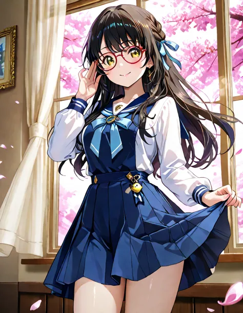 A masterpiece illustration of Sena from @aIsena0781, a stunningly captivating anime-style girl embodying a perfect blend of innocent charm and bold sensuality with an 'oshizuecchirarism' aesthetic. She has glossy black hair styled in a dynamic half-up, hal...