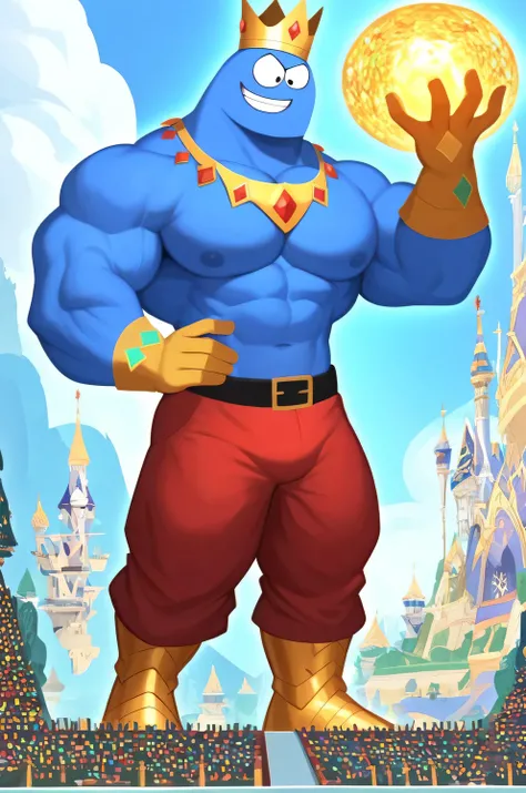 Score_9_up, score_8_up, score_7_up, 1boy, solo, bloo, blue skin, hands, long legs, big feets,  muscular body, ginomous biceps, enormous pectorals, golden and green and red and yellow and dark blue barbarian greek god armor, golden bracelets and gloves with...