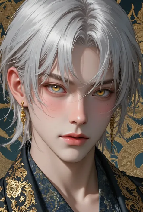 ((Top Quality, 8K, Masterpiece: 1.3)), Sharp Focus: 1.2, (Mature male, handsome, One Bangs Cover Right Eyes, Tied-Back hair, Medium hair, jfcut, Gold Amber Eyes, Flawless Eyes, ((Multicolour Hair : Silver With Amber Hue Hair)), freckles ,male focus, handso...