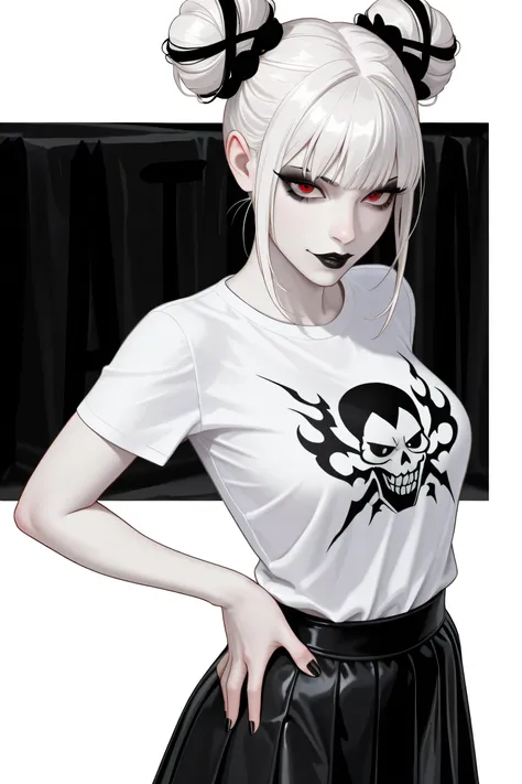Villain, white hair with black fades in twin buns, pale skin, girl, has black eyeshadow and red eyes, wears a villain styled shirt and skirt, has black lipstick, has complex accessories, zoomed out, pure white background, Distant FOV