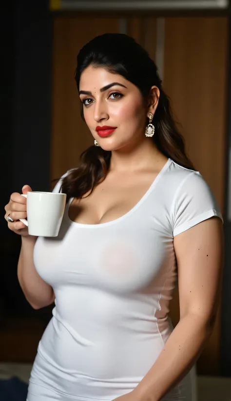 ((high definition:1.5)), ((pale lights)), ((dark shot:1.3)), ((masterpiece:1.5)), only one Pretty Caucasian (female), Sarah Shahi, Voluptuous body, huge breasts, ((bright red lipstick)), ((beautiful smile)) ((big bright blue eyes looking towards the viewer...