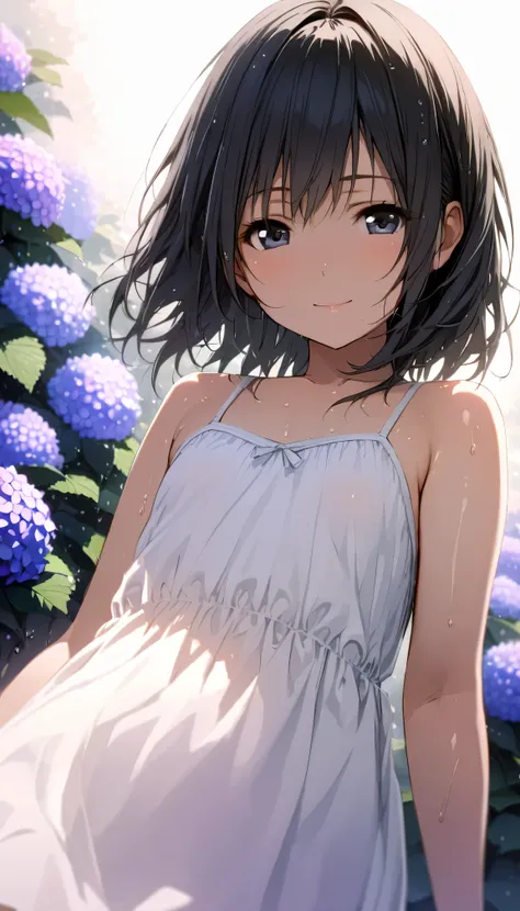 masterpiece, best quality, ultra-detailed, 8k, high resolution, Gentle colors, soft focus, dreamy background, White background, Hydrangea background, Delicate and dynamic, light rain, The wind is blowing, 1 girl, Long white camisole dress, Wet and shiny bl...