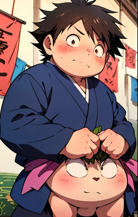 Create an anime-style illustration of Haruyuki Arita from Accel World, reimagined as a Genin from the Akimichi clan in the Naruto universe. He is a charming and confident age ninja, with a soft, round face and expressive eyes that reflect determination and...