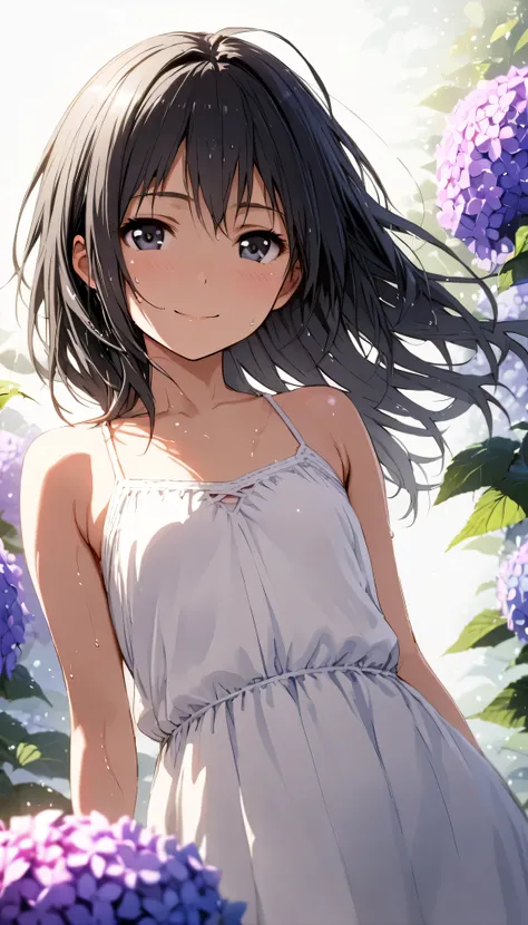 masterpiece, best quality, ultra-detailed, 8k, high resolution, Gentle colors, soft focus, dreamy background, White background, Hydrangea background, Delicate and dynamic, light rain, The wind is blowing, 1 girl, Long white camisole dress, Wet and shiny bl...
