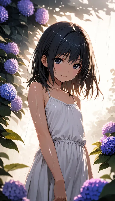 masterpiece, best quality, ultra-detailed, 8k, high resolution, Gentle colors, soft focus, dreamy background, White background, Hydrangea background, Delicate and dynamic, light rain, The wind is blowing, 1 girl, Long white camisole dress, Wet and shiny bl...