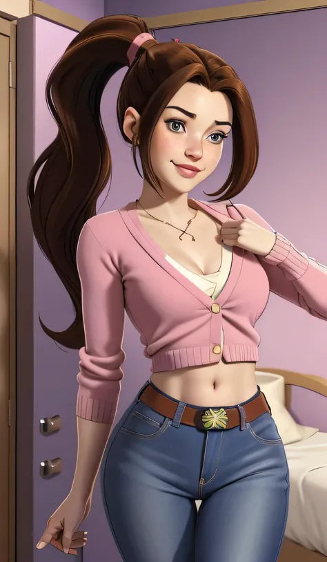 1girl in, 8, Kitty Pride Waifu, photo of perfect woman, Kitty Pride, Solo, Aesthetic artwork, (ponytail, long hair, long brown hair in the ponytail:1.25), (some small freckles, pale skin, small breasts, DD-cup, runners body, very thin waist, skinny, petite...