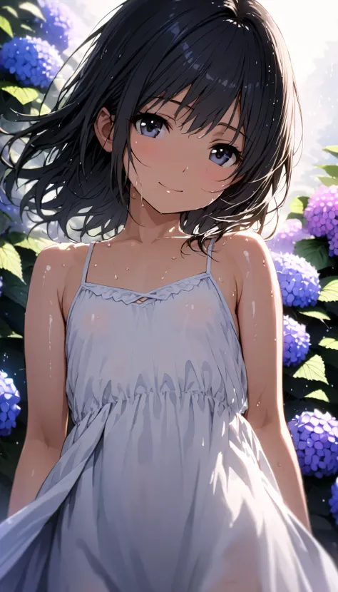 masterpiece, best quality, ultra-detailed, 8k, high resolution, Gentle colors, soft focus, dreamy background, White background, Hydrangea background, Delicate and dynamic, light rain, The wind is blowing, 1 girl, Long white camisole dress, Wet and shiny bl...