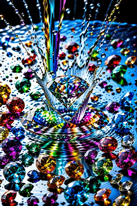 a high-speed photograph of a brilliant-cut diamond splashing into a vibrant pool of multicolored water, surrounded by vividly colored gemstones in various shapes and cuts, dynamic crown-shaped water splash with delicate droplets frozen in motion, natural b...