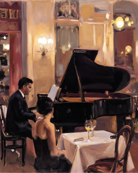 hand drawn oil painting, oil painting, jazz cafe, musician playing a black piano, in the foreground, a girl with a glass of wine listens to music in the evening, oil painting large brush strokes, hand drawn oil painting, absolutley amazing,