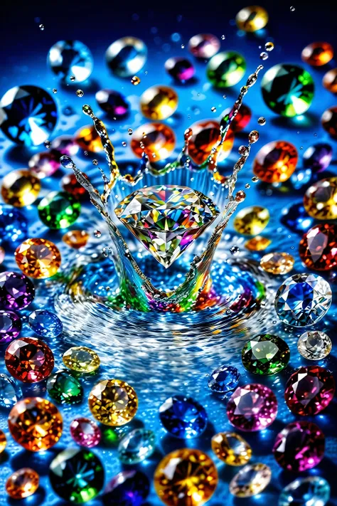a high-speed photograph of a brilliant-cut diamond splashing into a vibrant pool of multicolored water, surrounded by vividly colored gemstones in various shapes and cuts, dynamic crown-shaped water splash with delicate droplets frozen in motion, natural b...