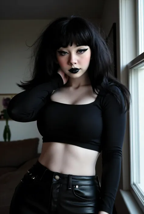 a photo of haylee.
goth woman with bangs, long hair, large breasts, and black eyes, dressed in jeans and crop top, showing booty.  , goth Girl