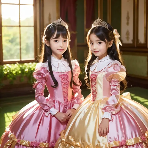 Two Princesses hot pink Silk Satin Victorian Ball Gown Dress. ((Ten years old european little girls:1.2)),,cute face,short body height,long sleeves,puff sleeves,frilled sleeves,(((Frilled yoke collar that completely covers the shoulders:1.0))),The dress is...