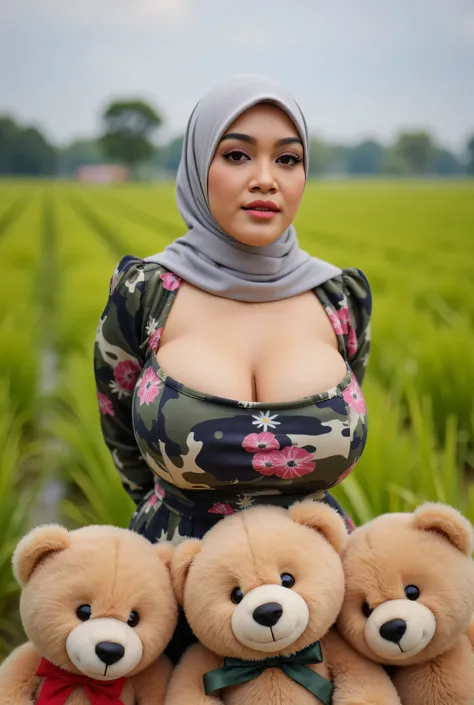 Red highheels, Huge bursting breasts, front posing, ("Facial expression in Moody"), Both hands lying behind the back, Wearing flora print hijab,  (photorealistic:1.6) ((Indonesian hijab)), background rice paddy. daytime atmosphere, (((please don't showing ...