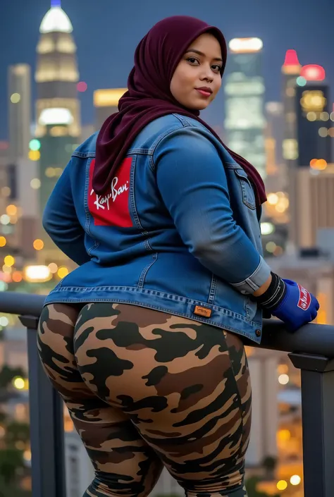 Berpaling senyum (PASHMINA HIJAB malay milf). Gigantic punggung Wearing an oversized jeans jacket with a picture of "Ray-Ban" 3d logo & mini top , wearing camouflage print NET FISH LEGGINGS WEARING DARK BLUE BOXING GLOVES) night time High-rise city skyline...