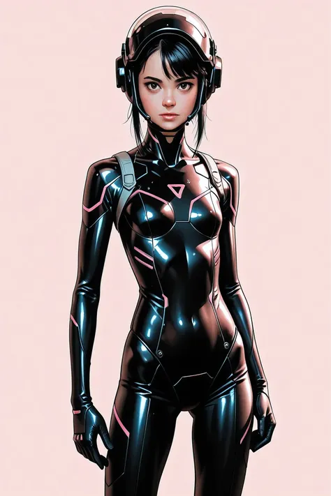 (masterpeace), high quality, (whole body:1.5),((Line Art: 1.5)), ((sci-fi comic style)), ((monochrome)), simple background, action, europian comic, 
BREAK
A young girl wearing a black bodysuit, black pants, ((tactical helmet)), (cyberpunk: 1.3), high detai...