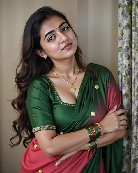 The image portrays a woman who exudes elegance and grace, fitting the image of a traditional yet modern "bhabhi." She stands confidently in a warmly lit room, dressed in a stunning black lehenga choli that highlights her poise and beauty. Her blouse is a d...