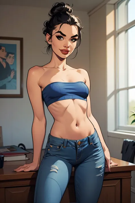 1girl, looking at viewer, black hair, (top knot hair bun), (forehead), ponytail, black eyebrows, thin eyebrows, black eyes, nose, lips, thick lips, smile, tube top, blue tube top, small breasts, navel, denim pants, jeans pants, standing
