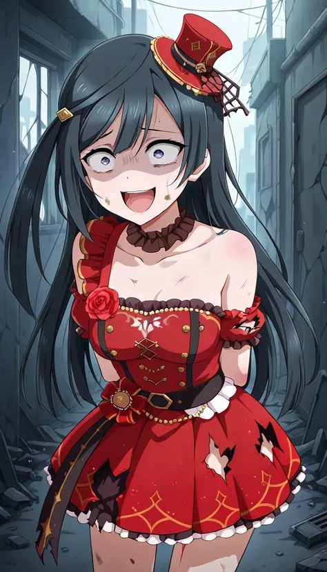 An image of Yuki Setsuna ,  furious ,  dirty and crazy face , crazy smile, torn idol red dress , Broken red skirt , a very torn mini cup hat, ARREST , room. Thin waist and long, thin legs. Background of a destroyed city 