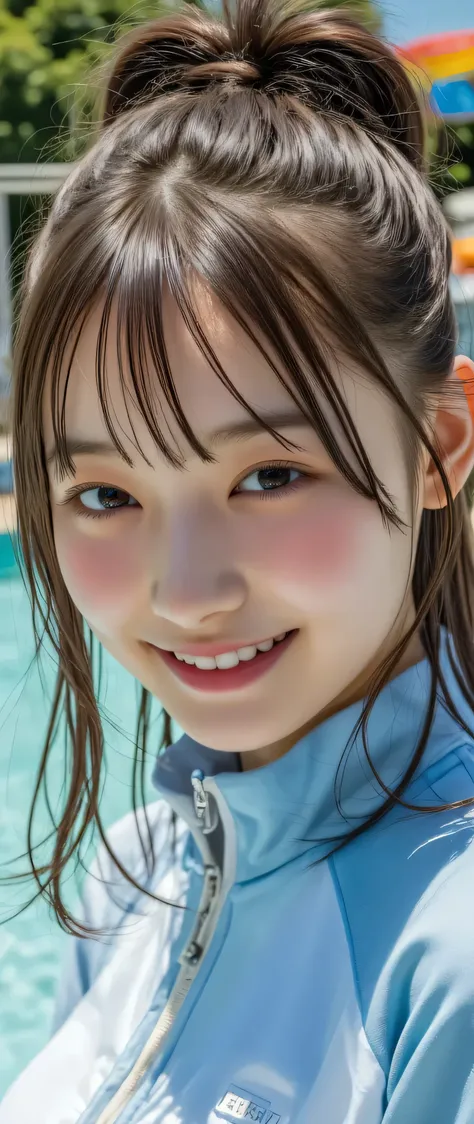 (((heart hands))),(Lips Close-ups :1.8),from above,(beautiful girl:1.3),1girl,silver gray hair,Bright blue track jacket,smile,school ground,tilt one's head,Beautiful glossy lips