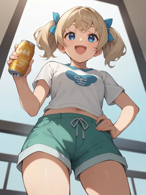 score_9, score_8_up, Source_Anime, nsfw，1girl, sloth_Masha , perfect hand,  5 fingers on hands , solo, blue eyes, shorthair, Light Brown Hair, short twin tails, double bangs , White hair ribbon, cute face, super detailed face, Open Mouth, Short Height, Blonde, twin tails, blue eyes, red cropped shirt, Striped, In the woods, green shorts,  place your hands on their hips, holding a rope, view from below, (The silhouette of the panties can be seen through the pants:1.2)，A sly smile，glitter，fisheye lens，glitter，Pretty Cure style，