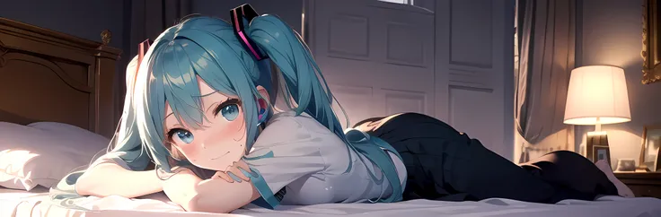 (masterpiece,Best Composition,Depressed Illumination,top quality,Super Detailed),best shadows,Rim lighting,perfect composition,full body,(Hatsune Miku:1.2),Voluptuous Body,light blue twin tail hair, beautiful light blue big eyes,look at here,smile,(Blushin...