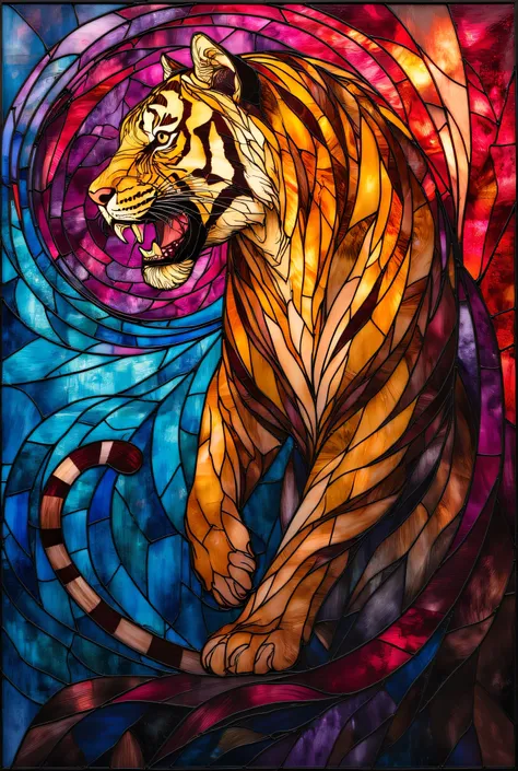 ArsMJStyle, Stained Glass,vivid red and blue with white lines,spiral,A yellow tiger is looking into the distance with its mouth wide open