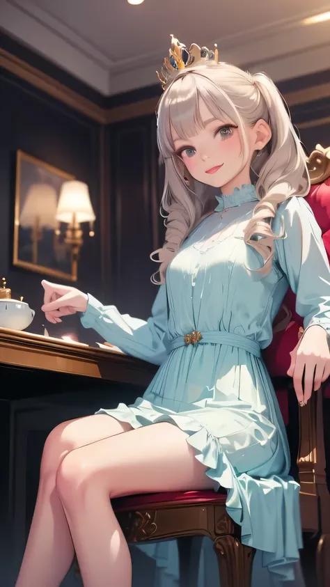 very detailed CG Unity 8K 壁紙),(masterpiece), (top quality), (very detailed), (Best illustrでions),( best shadow ), Queen of Twintails　Tiara　sits in a luxurious chair and smiles　Luxurious Royal Family Room 