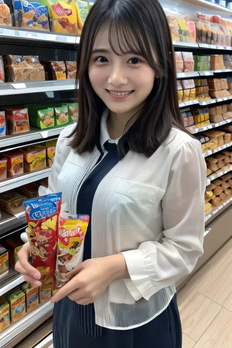 、( top quality , masterpiece:1.2),   Super Detailed  ,   High precision in selection, 8K Wallpaper,   perfect dynamic configuration、 convenience store、smiling、 mid-waist、Show me snacks here