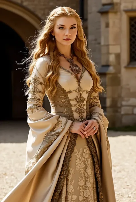 (RAW Photo, Best Quality), (Realistic, Photo Realistic: 1.3), Best Quality, Highly Detailed, Masterpiece, Hyperdetail, Realistic photo shot, realistic photo of a queen , makeup, , blonde hair , (( satin cotton fantasy laced maxi gown inspired by Mid...