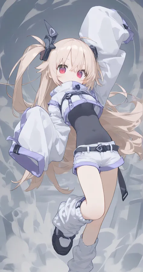 short pants, flat chest, clothed, covered body, tight clothes, cropped clothes, oversized longsleeve, loose socks, medium breasts, long hair, detailed clothes decoration, A dynamic pose, detailed background, cute pose,