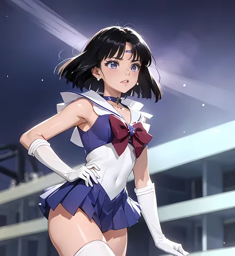 Sailor Saturn by Orc　 total limb　has all of her fingers　Justice transformation heroine=sailor warrior　enamel white leotard　enamel purple boots　enamel white long gloves　Bob cut short hair　 very small nose 　Shame　Blush　 Jockey Boots 　Spread Legs　sensitive cl...