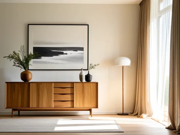 A modern minimalist living room with a wooden sideboard, sheer curtains flowing by the window, and a large blank frame on the wall, softly lit by natural sunlight